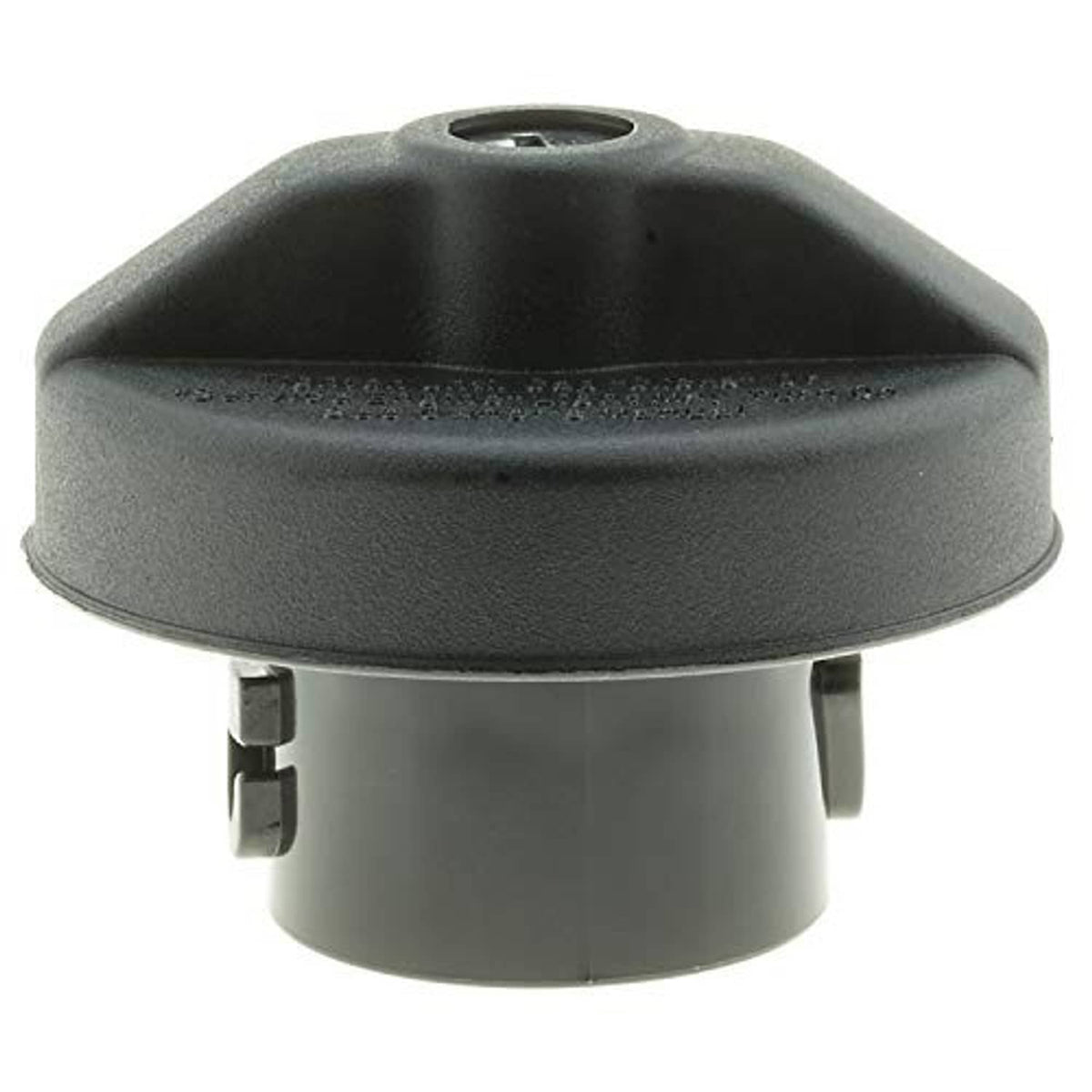 Locking fuel cap underside with mounting tabs and central opening, dark gray
