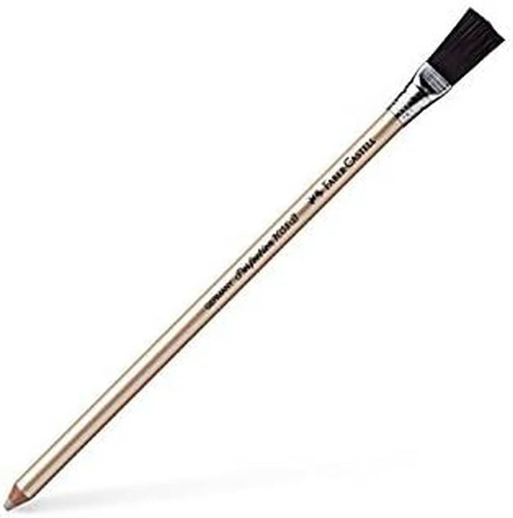 Wooden eraser pencil with beige barrel and black eraser brush tip, angled