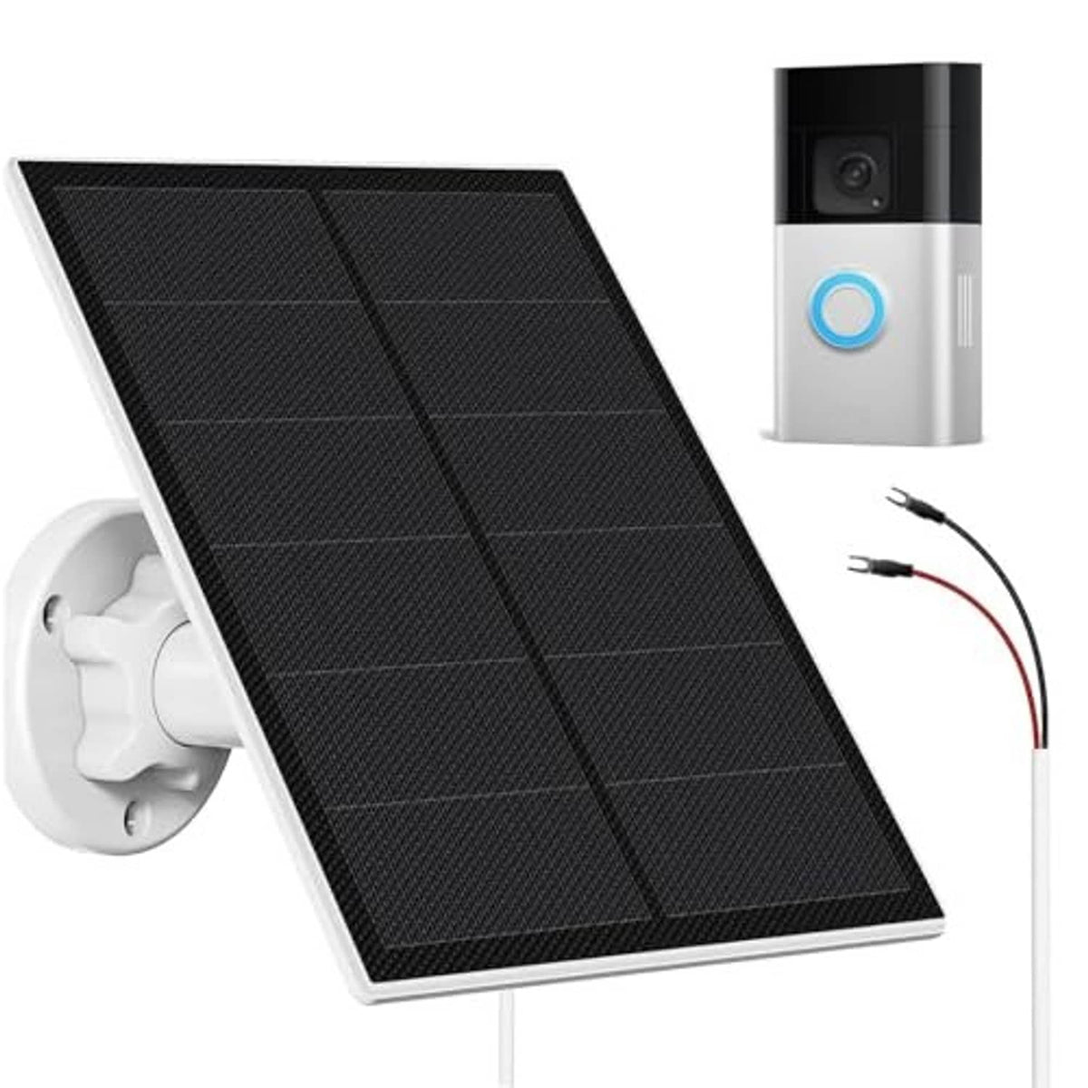 Solar panel charger kit with black solar panel, white housing, and attached wiring cable