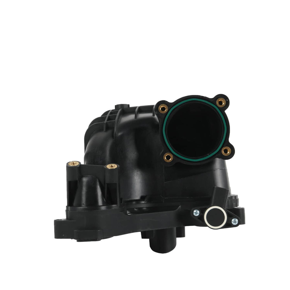 Black intake manifold with large circular inlet flange and mounting bolts