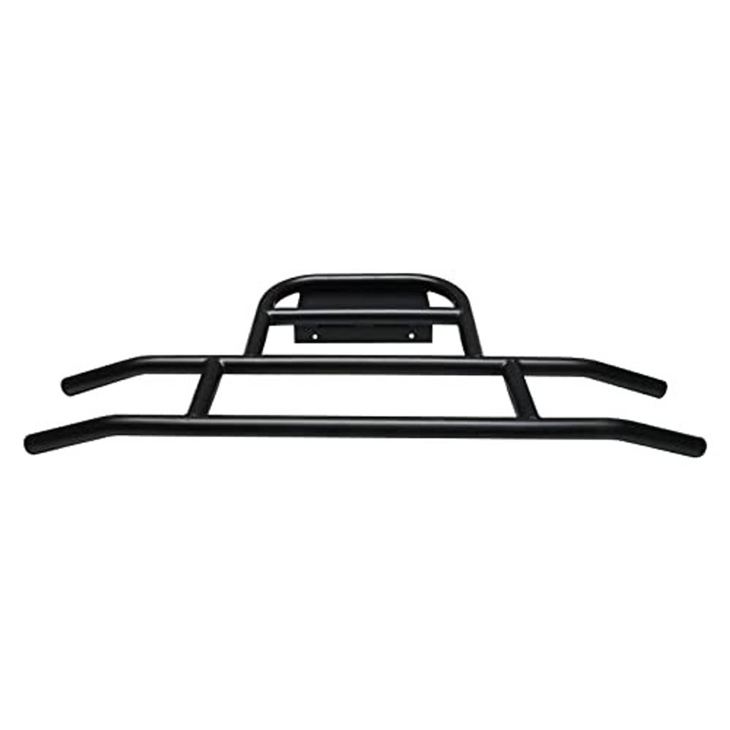 Black golf cart front bumper brush guard with arched handle bar and side impact rails.