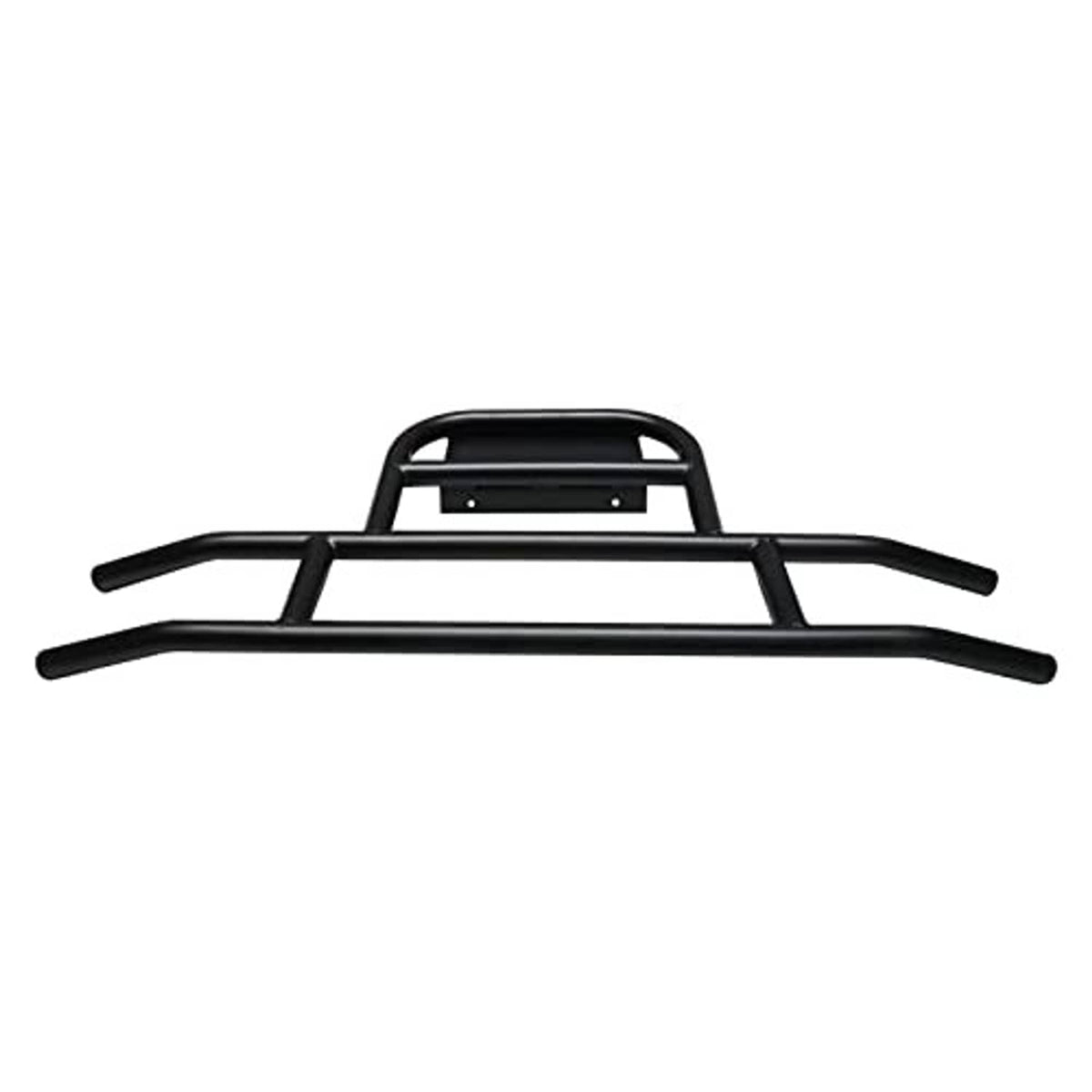 Black golf cart front bumper brush guard with arched handle bar and side impact rails.