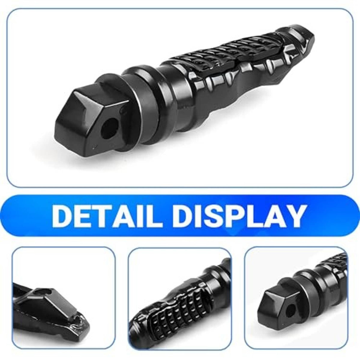 Black textured motorcycle footpeg with detailed grip and mounting bracket
