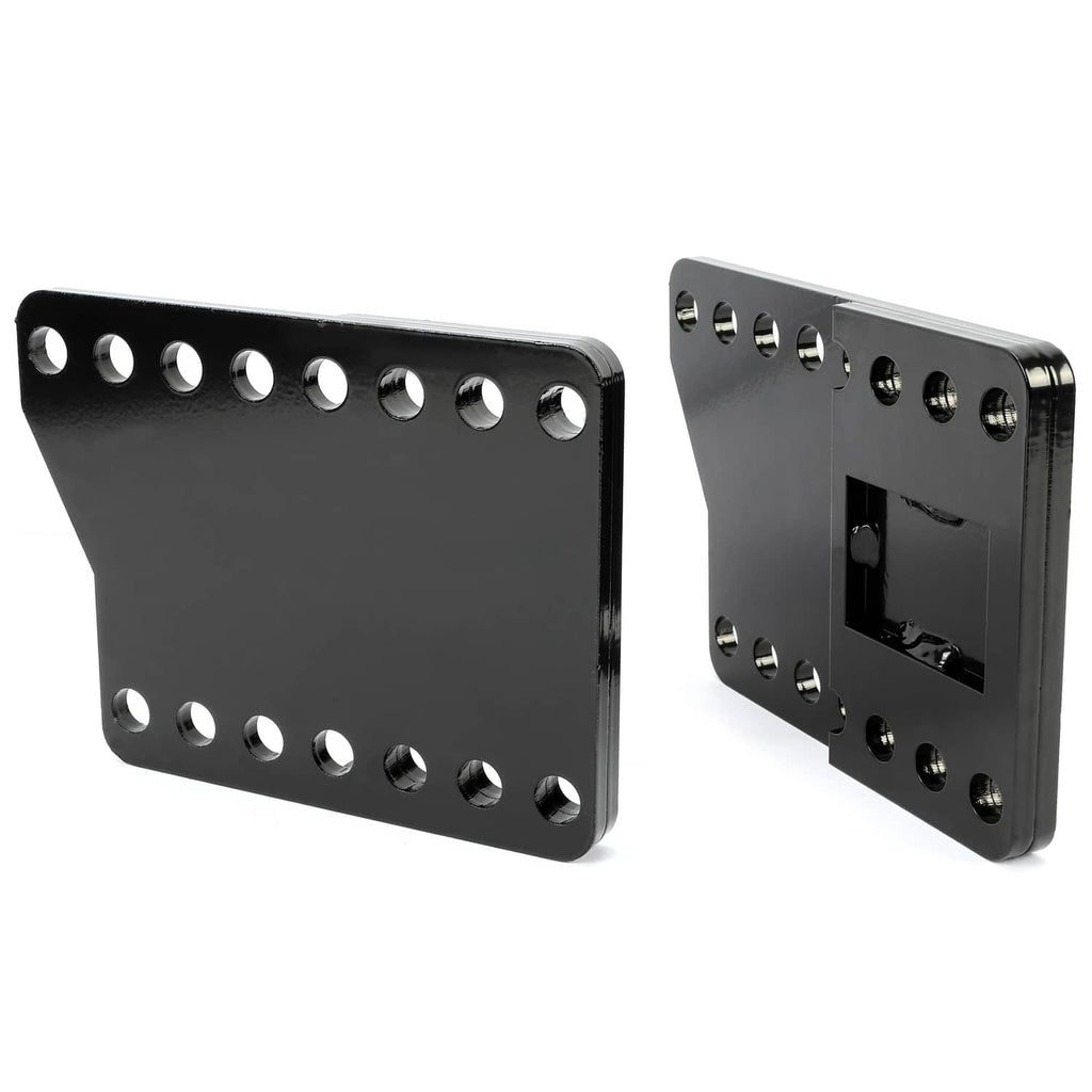 Two black steel snowplow lift brackets, front and side view