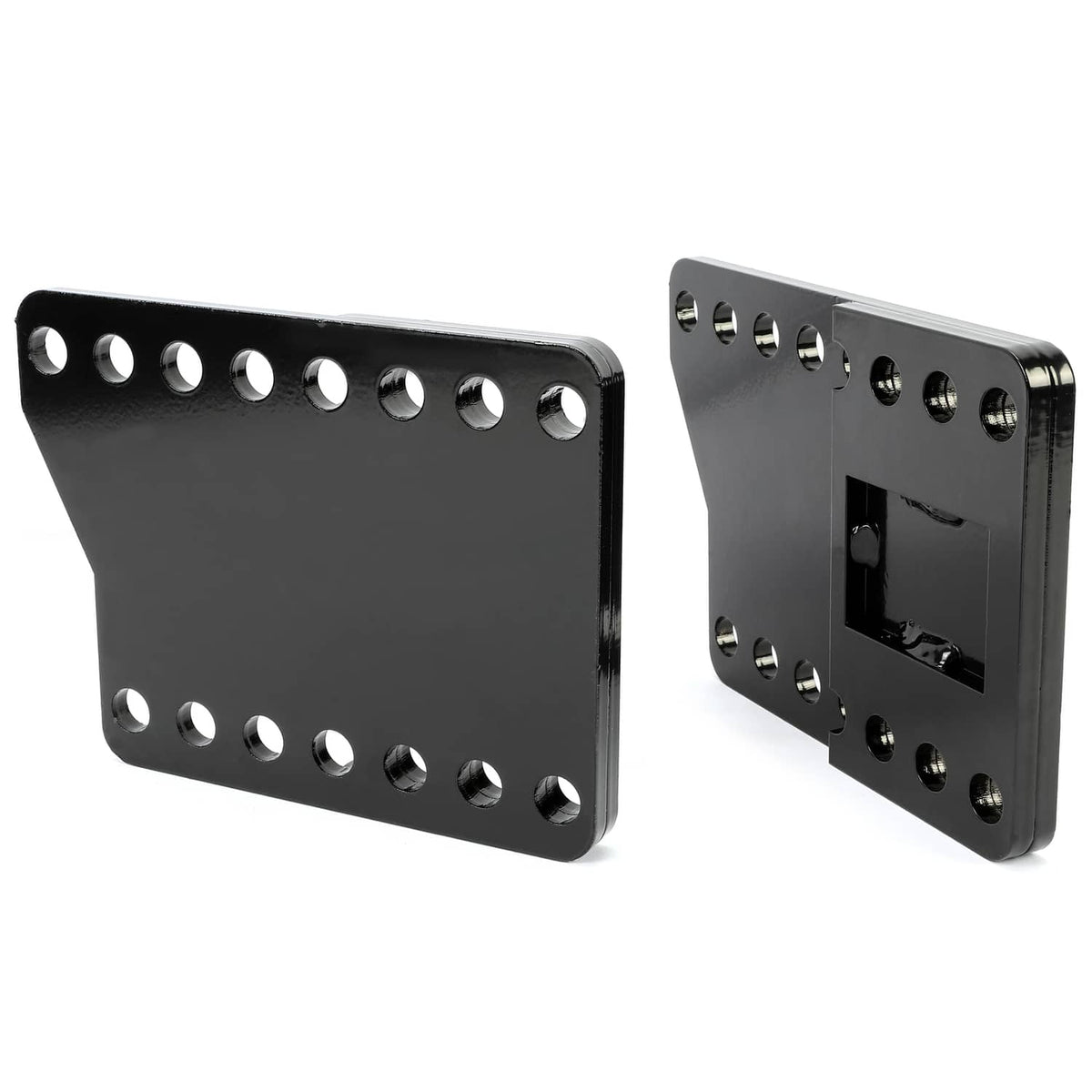 Two black steel snowplow lift brackets, front and side view