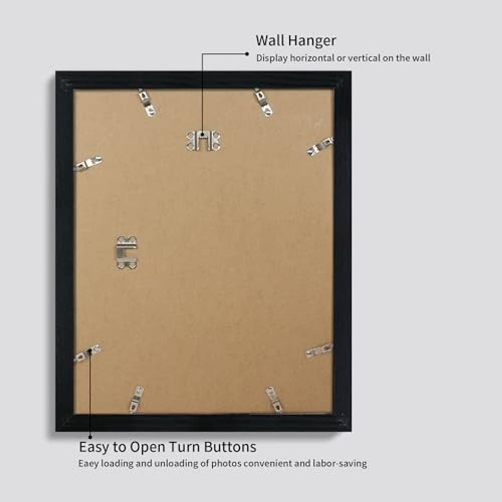 Black picture frame set of 4 with metal wall hangers and cork backing