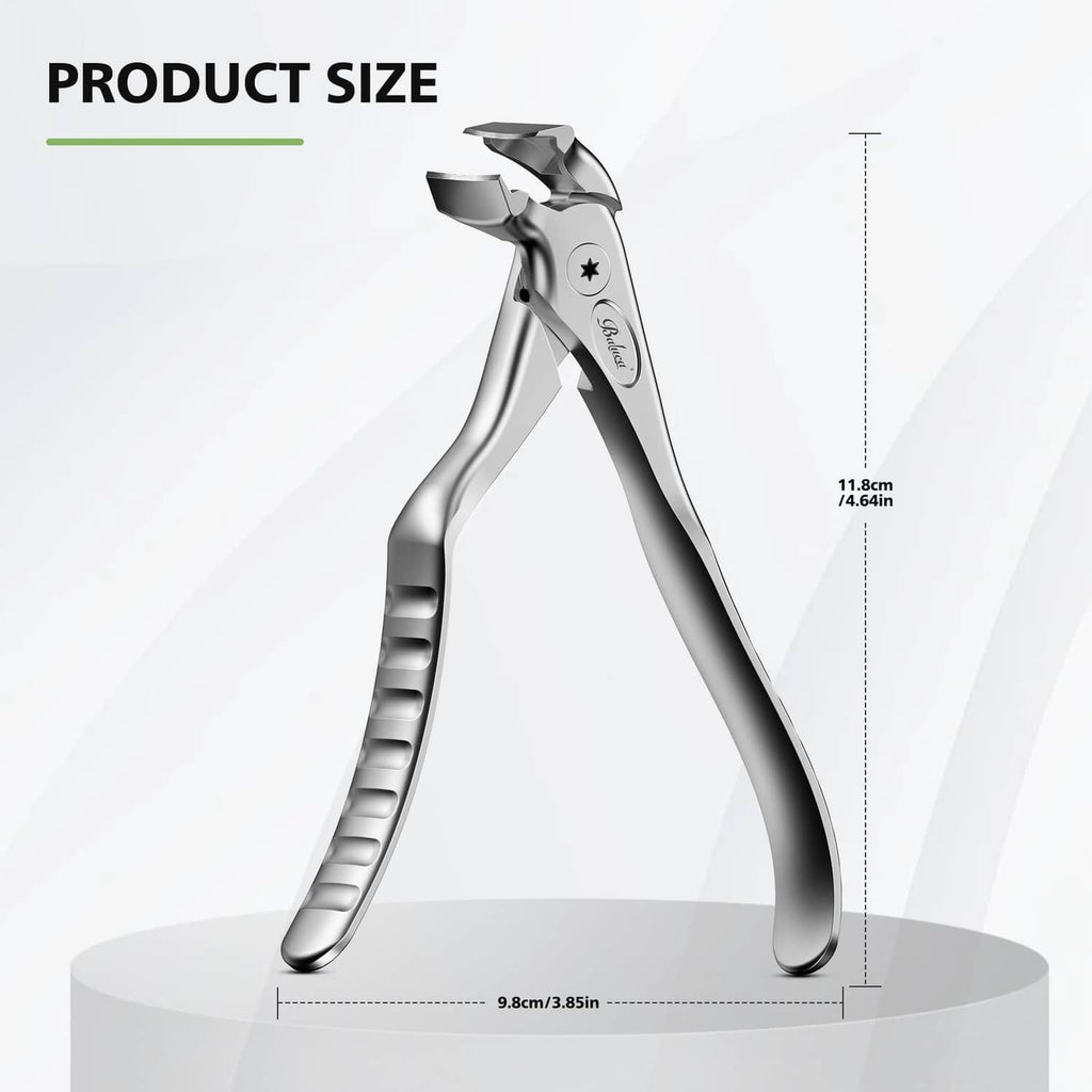 Silver long-handle toenail clipper shown with size measurements