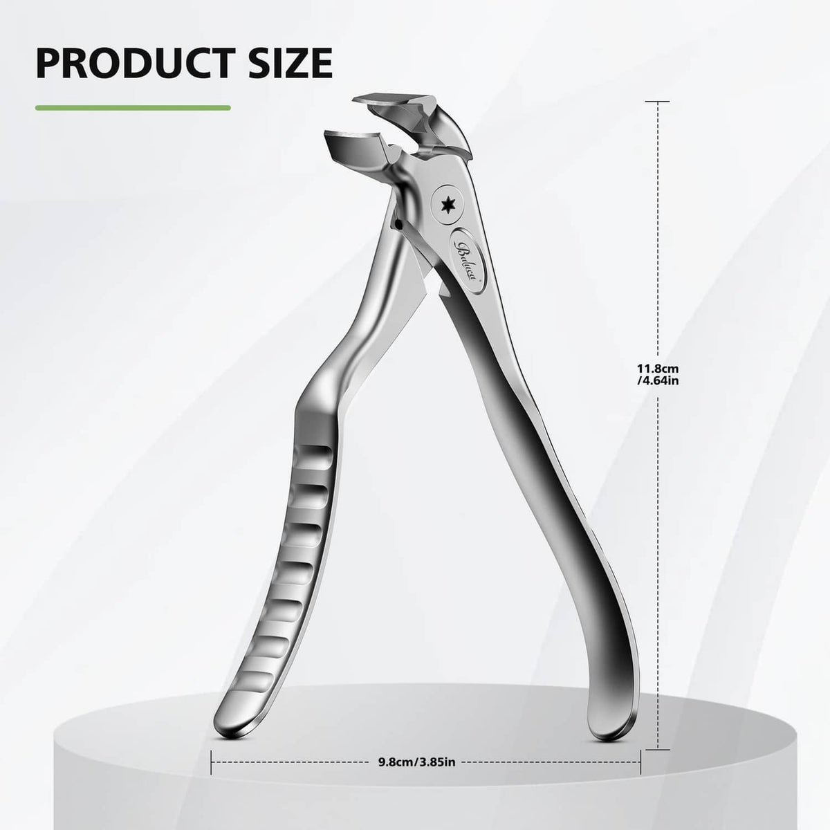 Silver long-handle toenail clipper shown with size measurements