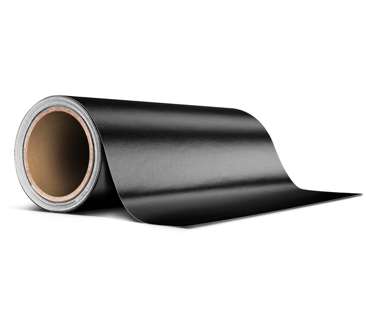 Matte black air-release adhesive vinyl tape roll, partially unrolled with silver core