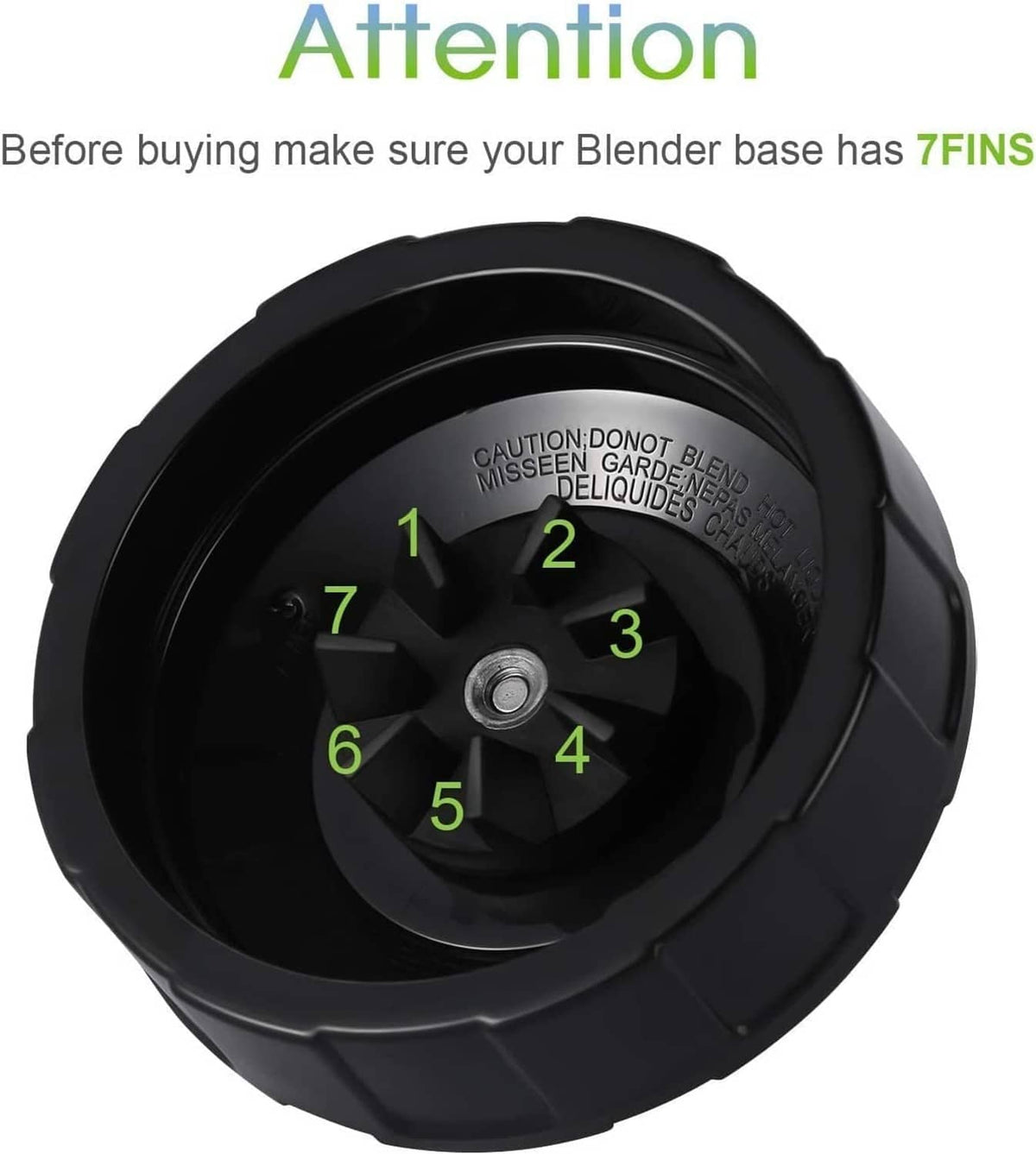 Black 7-fin blender blade extractor, close-up top view with numbered fins