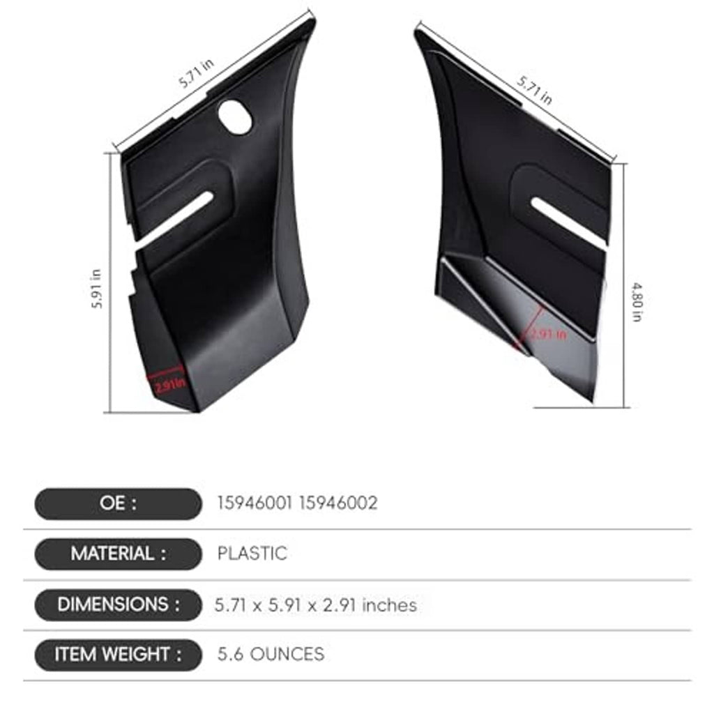 Black plastic windshield wiper cowl end panels with raised vent channel and tabs