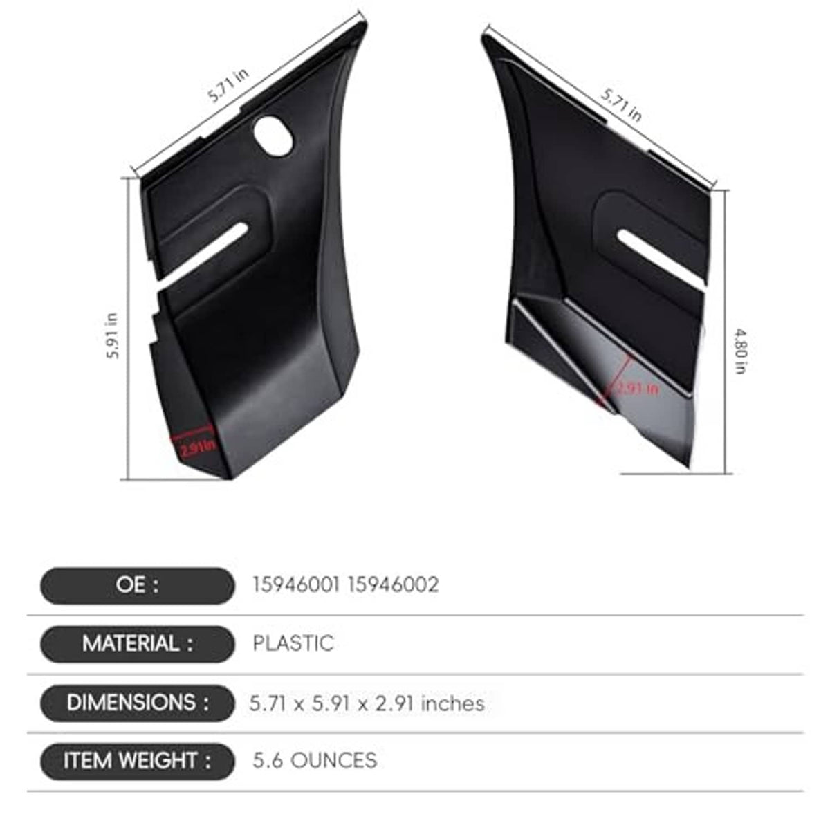 Black plastic windshield wiper cowl end panels with raised vent channel and tabs