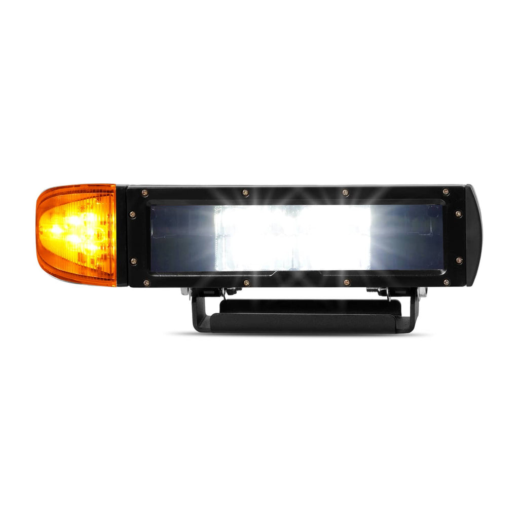 Single heated LED plow light with amber side lamp and clear center light bar