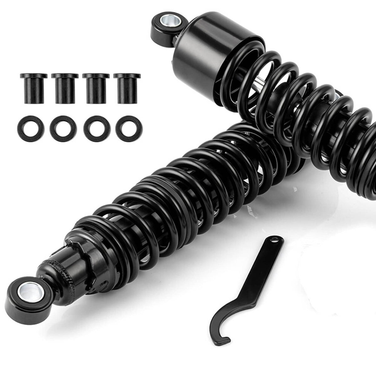 Black rear shock absorbers set with mounting tool and hardware