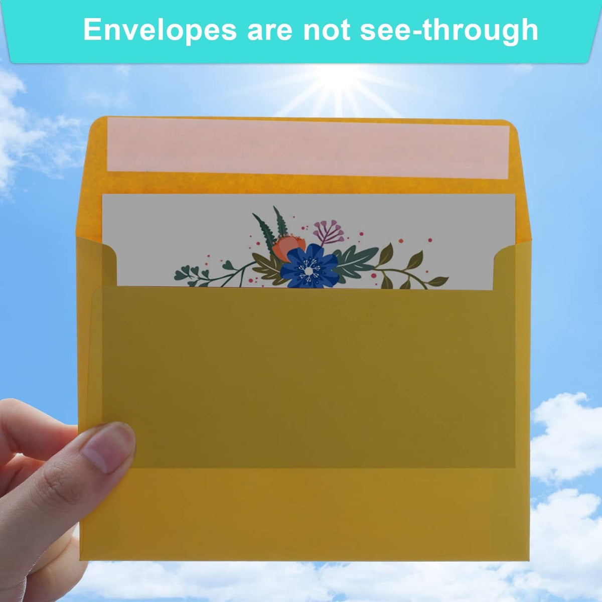 Yellow A2 envelope with flap, opaque front covering contents