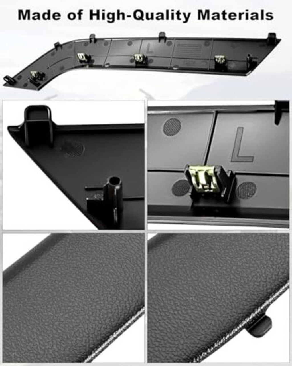 Black molded plastic door armrest bezel cover with mounting tabs