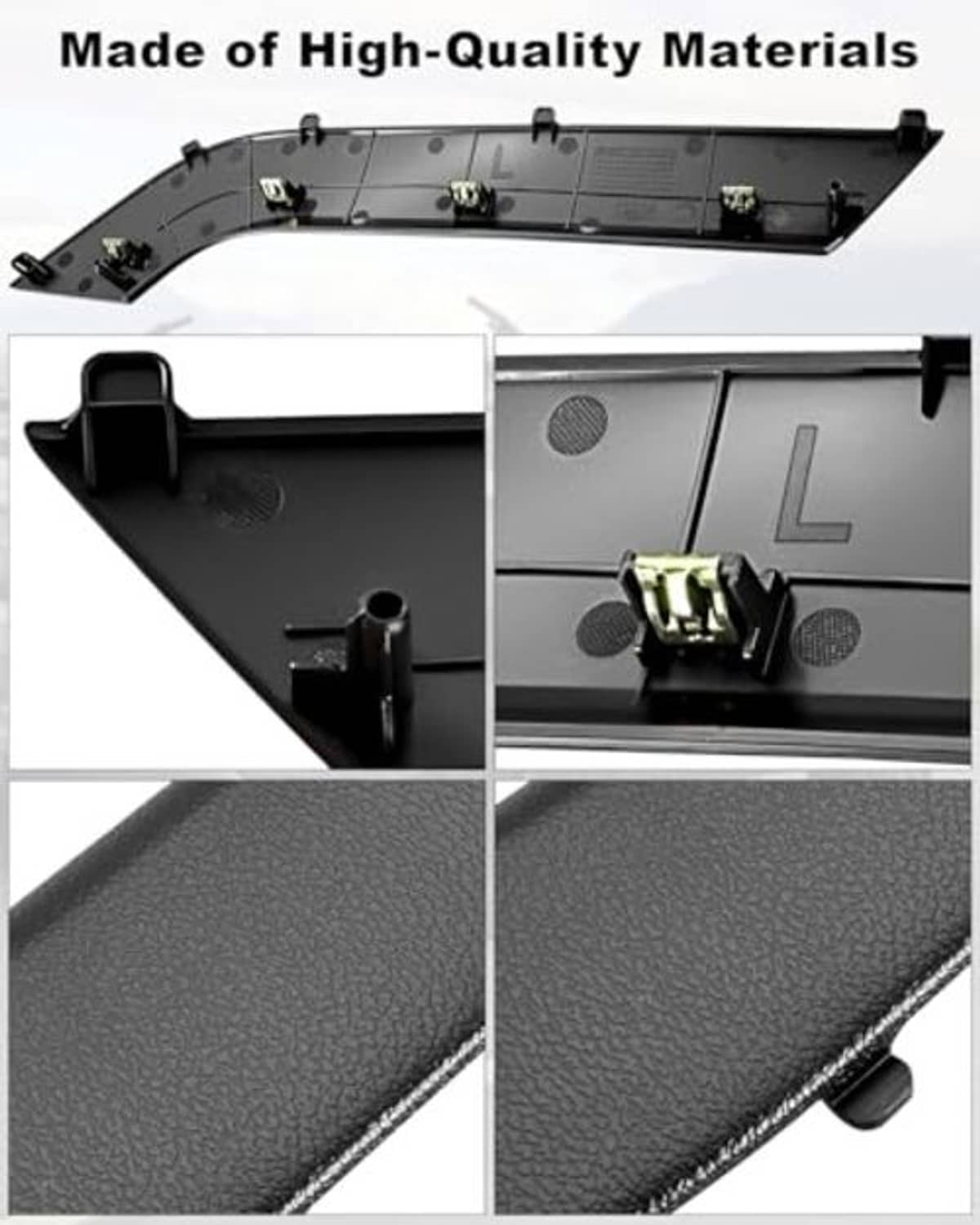 Black molded plastic door armrest bezel cover with mounting tabs