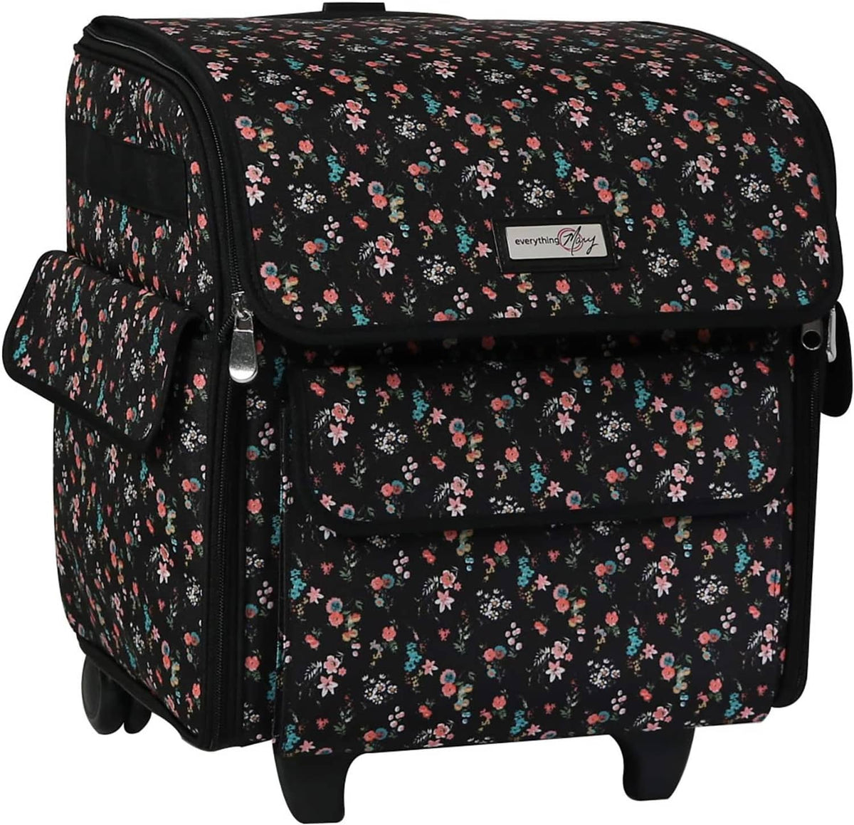 Black floral rolling serger machine tote front view with zipper flap and caster wheels