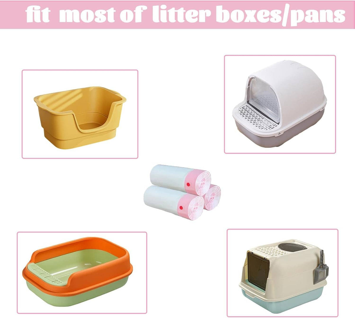 Cat litter box liner bags pack with compatible box size illustrations and roll bundles