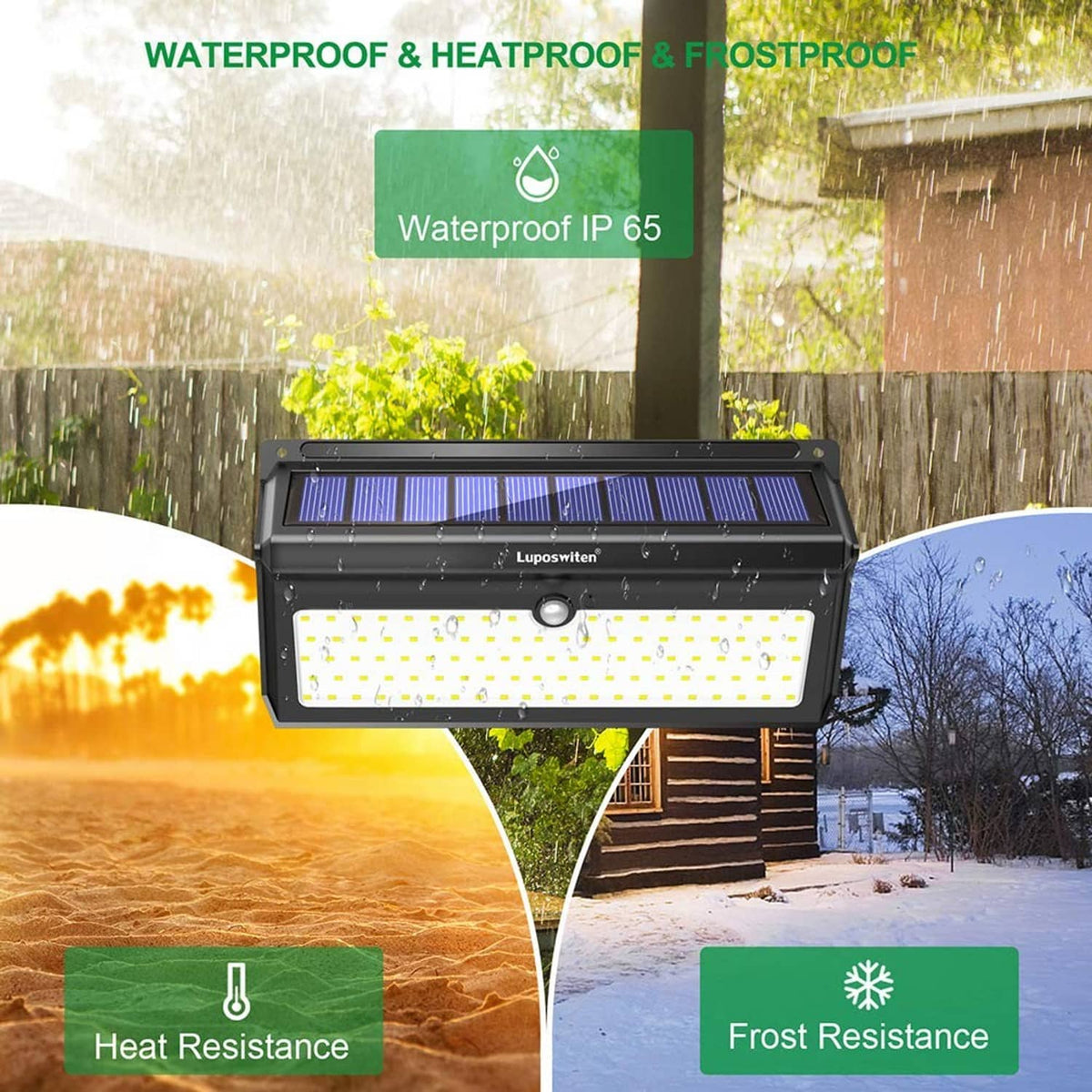 Black solar motion sensor LED light with top panel and wide front illumination bar