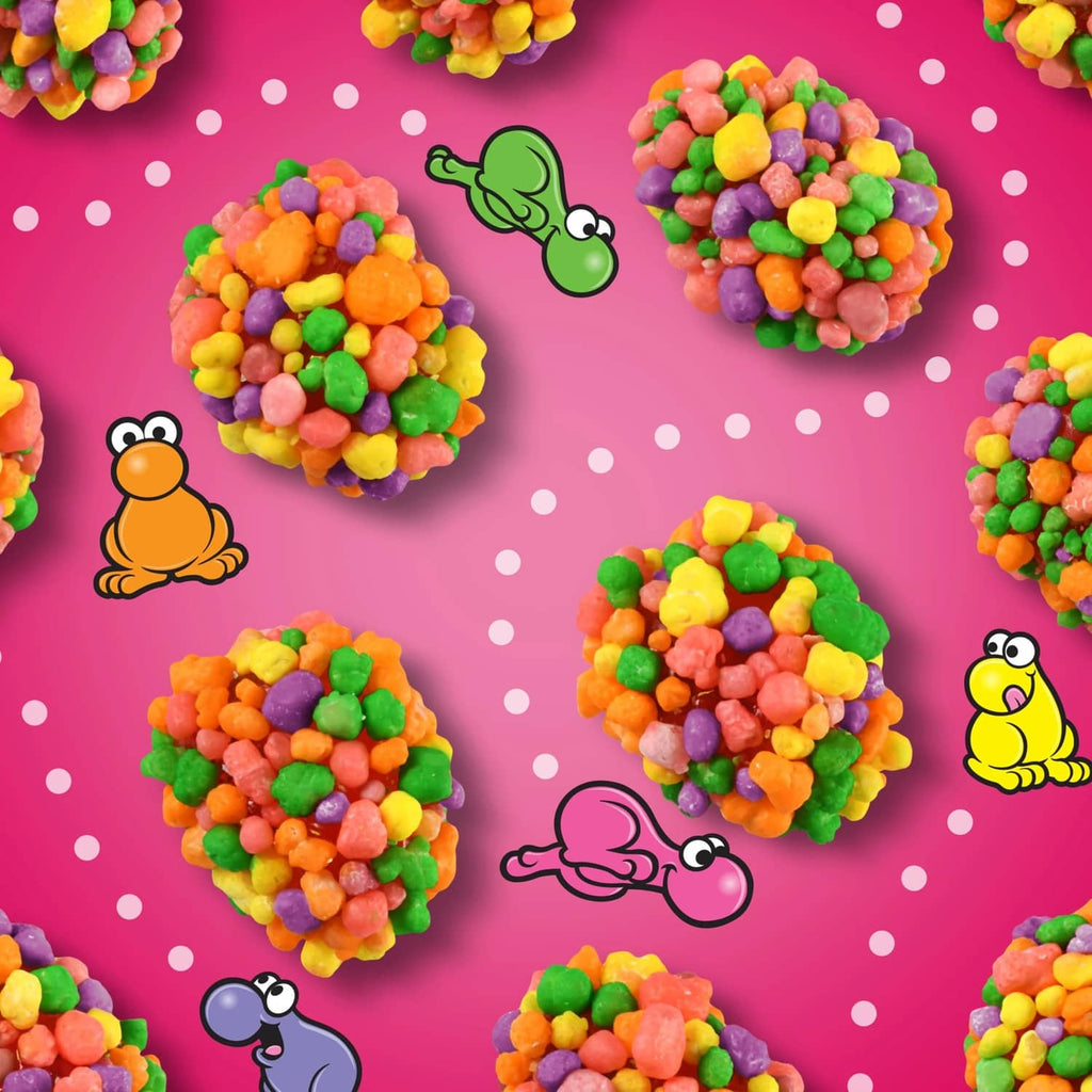 Assorted rainbow gummy clusters with character icons and dotted pattern