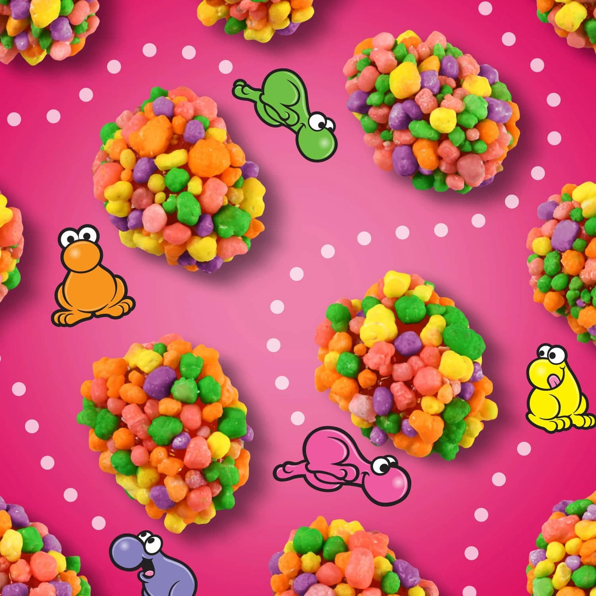 Assorted rainbow gummy clusters with character icons and dotted pattern