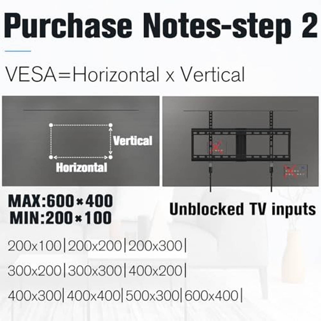 VESA-compatible TV wall mount with 600×400 pattern and unblocked TV inputs