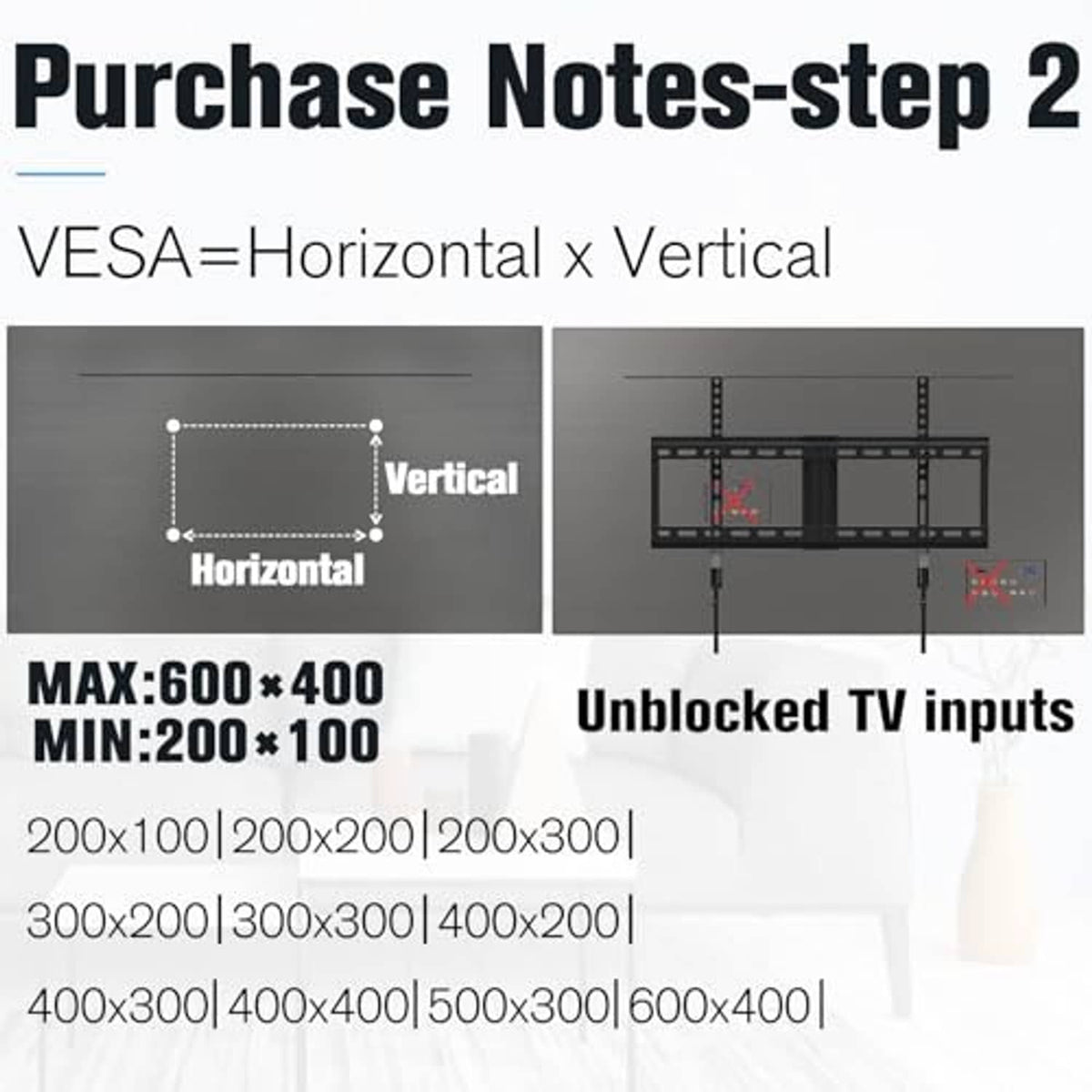 VESA-compatible TV wall mount with 600×400 pattern and unblocked TV inputs