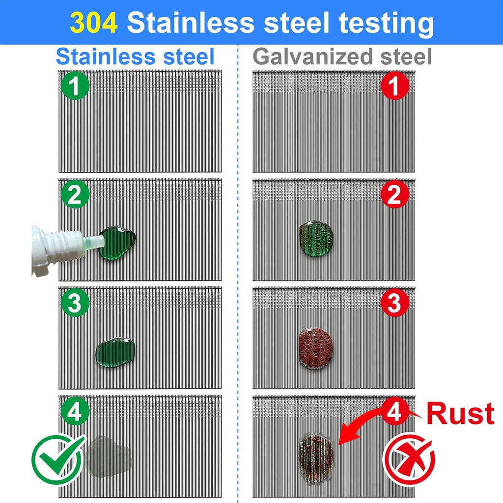 Stainless steel vs galvanized steel brad nails test strips with rust comparison