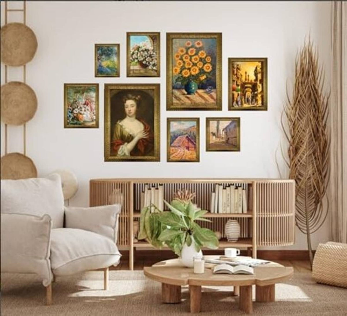 Ornate vintage gold photo frames set displayed on a wall with assorted artwork