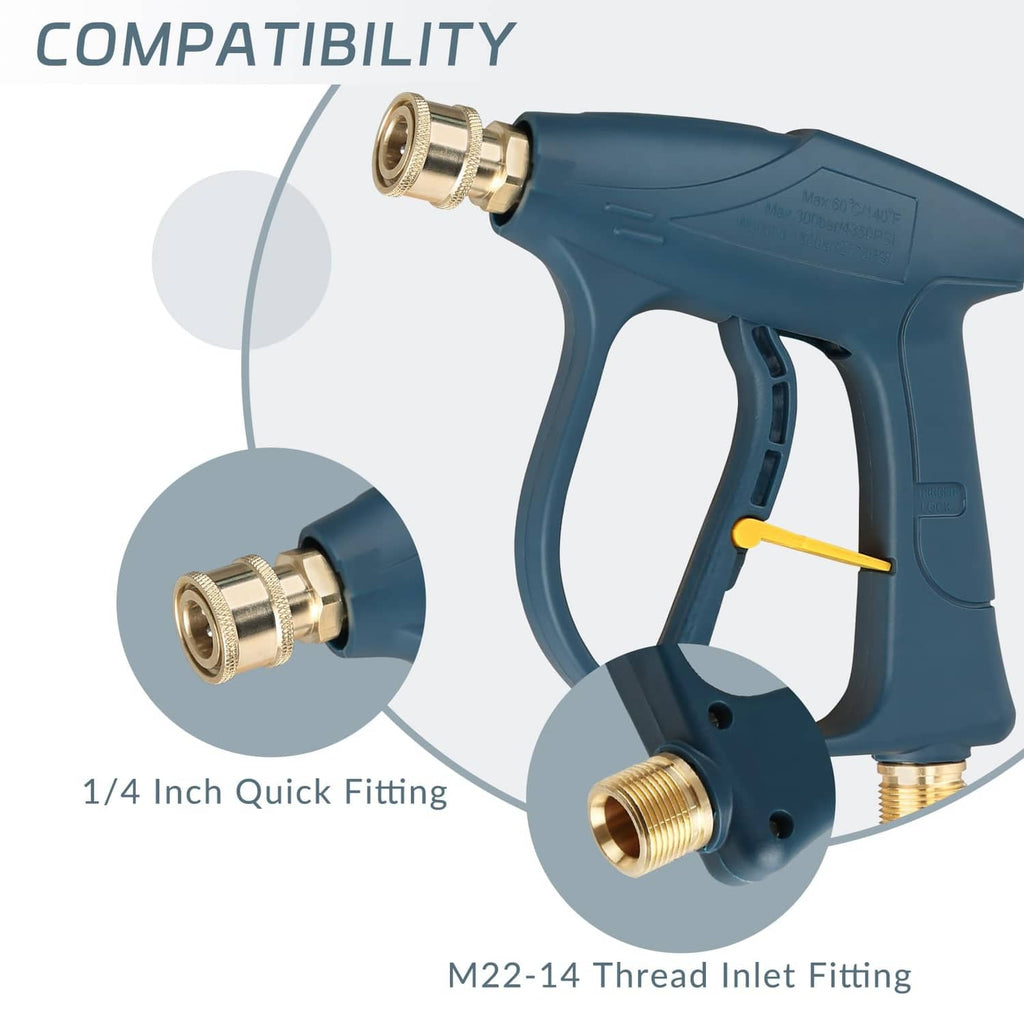 High-pressure washer gun with 1/4-inch quick fitting and M22-14 thread inlet, blue-green