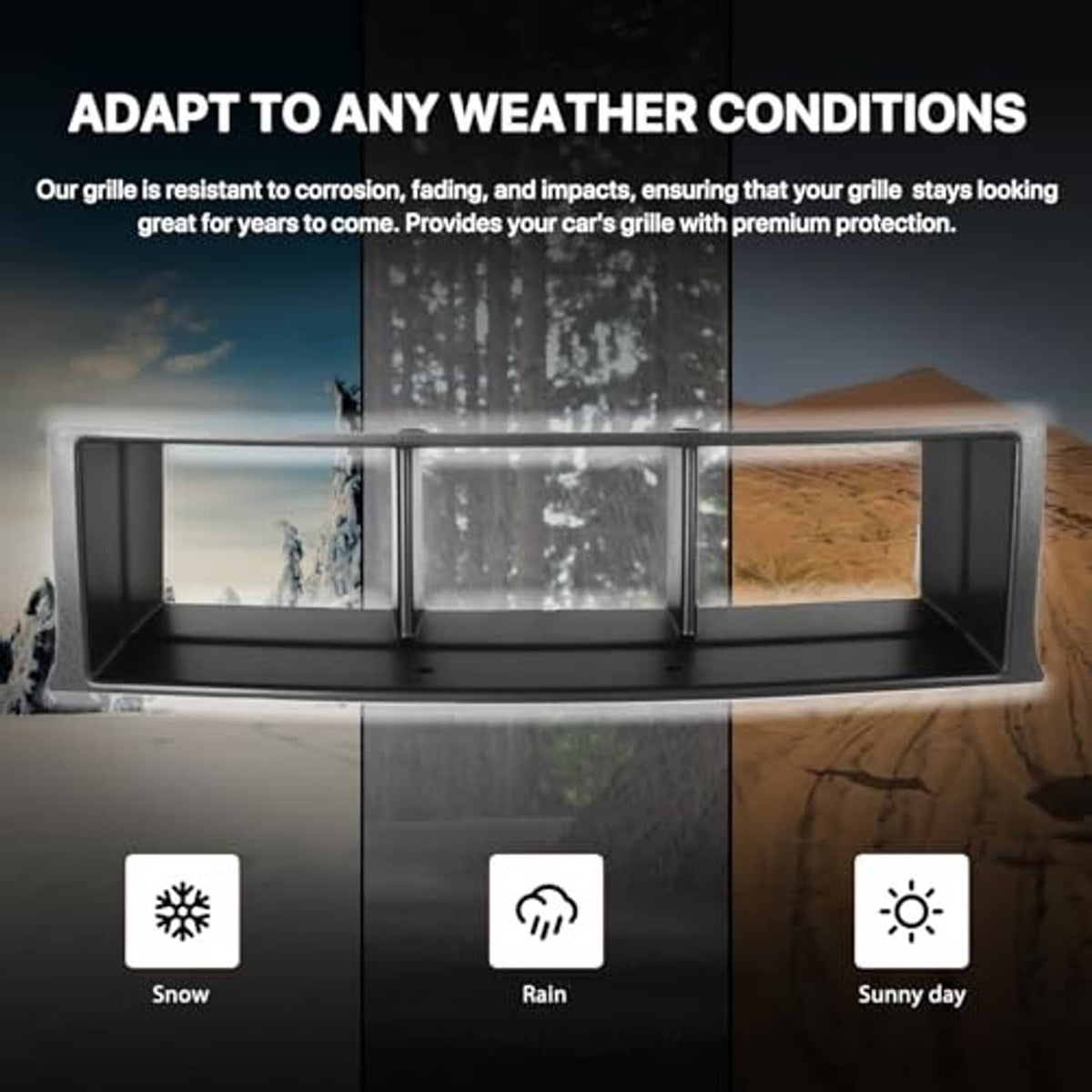 Black grille trim panel with three openings and snow, rain, and sun icons