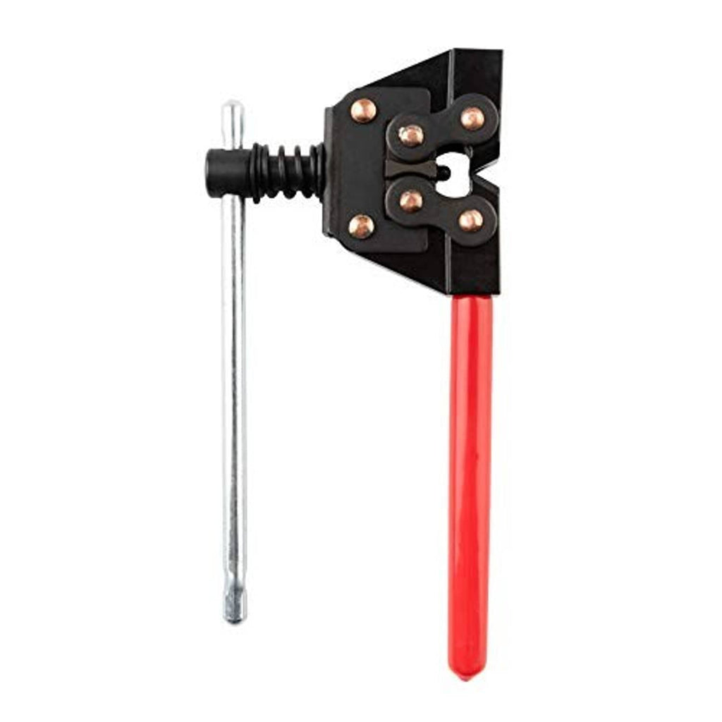 Motorcycle chain breaker tool with red grip, black head, and long steel pin rod