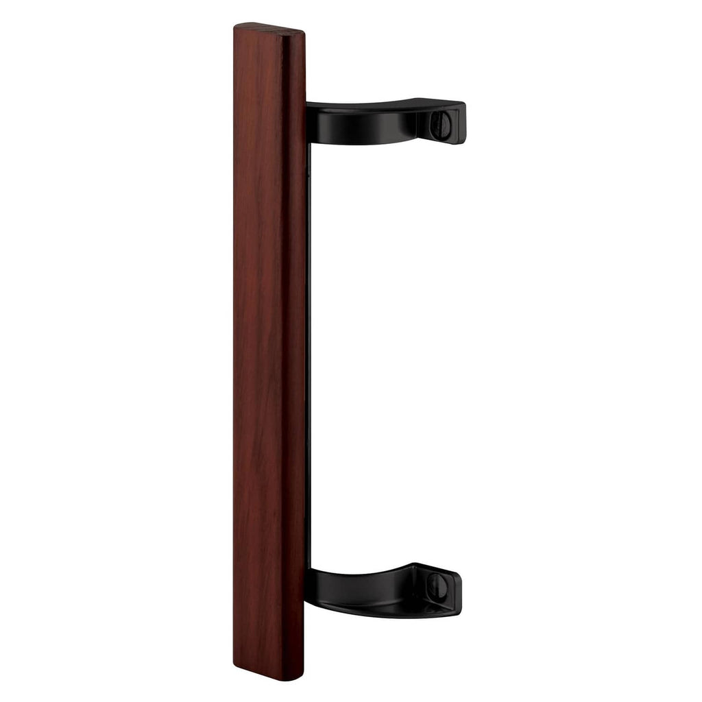 Sliding glass door pull handle with dark wood grip and black lever, side-mounted