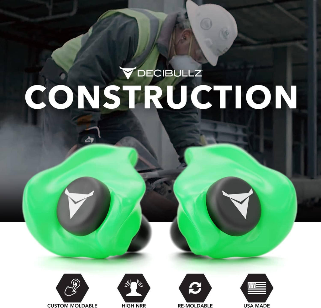 Pair of green custom-moldable earplugs with accessory icons at bottom