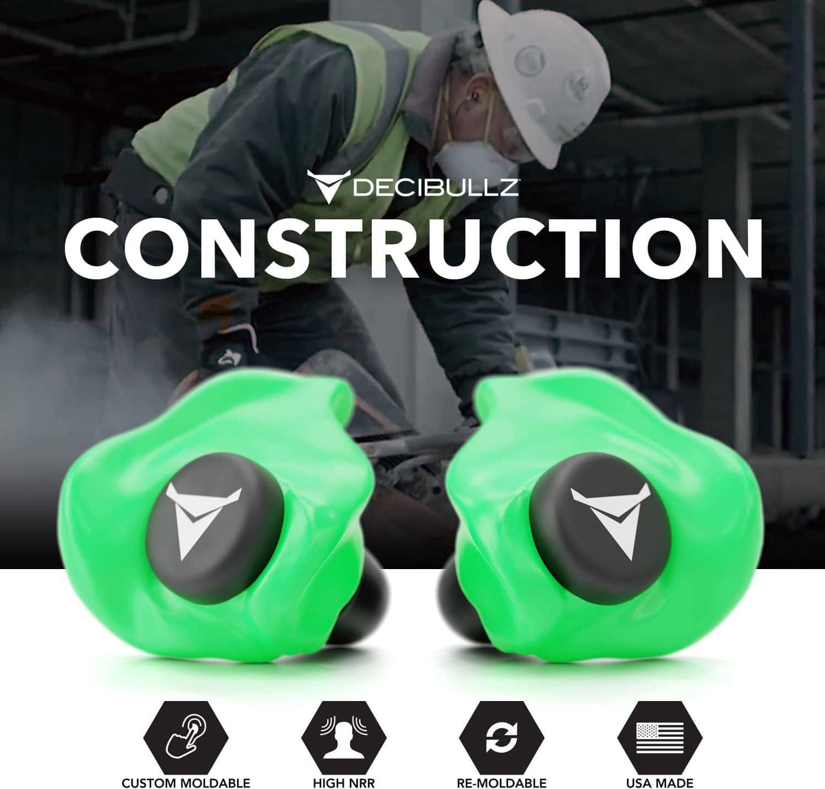 Pair of green custom-moldable earplugs with accessory icons at bottom