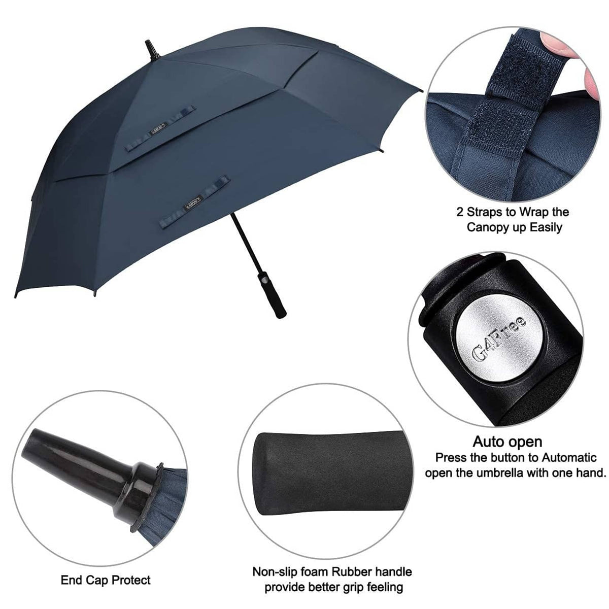 Navy blue square vented golf umbrella with auto-open button and non-slip foam grip