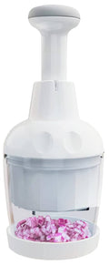 White food chopper with clear container and plunger, top view
