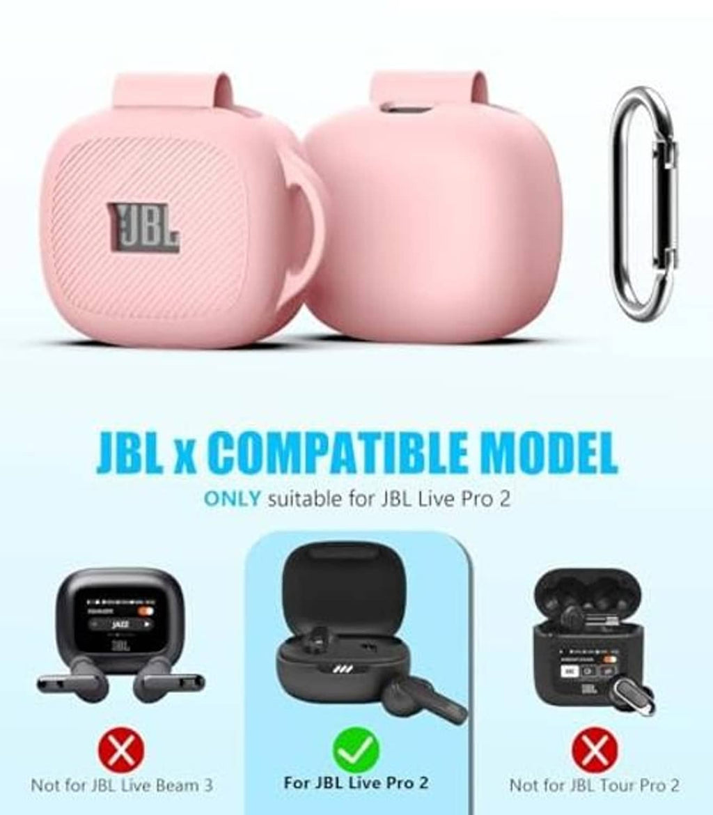 Pink earbud case cover with JBL logo and metal carabiner clip
