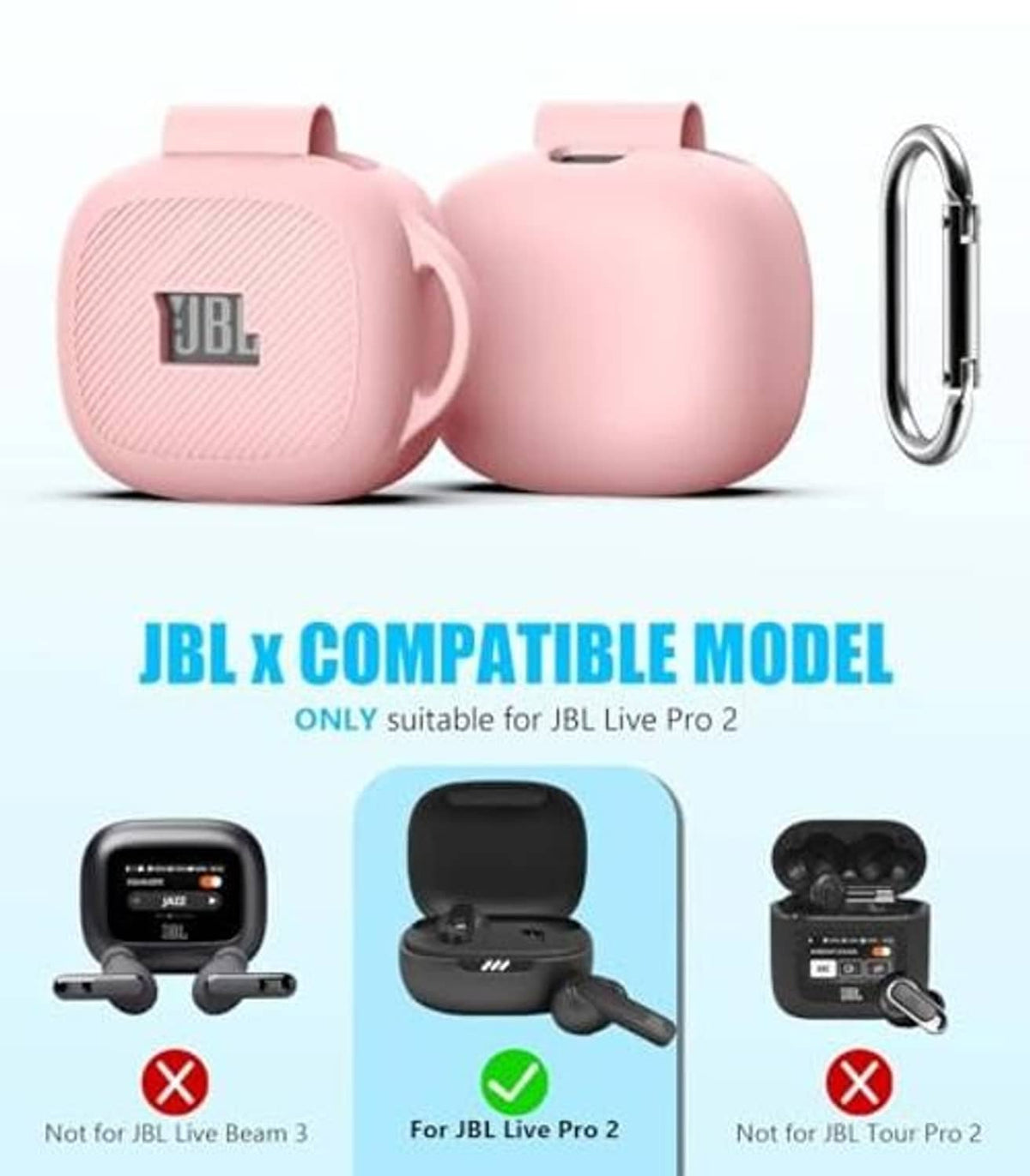 Pink earbud case cover with JBL logo and metal carabiner clip
