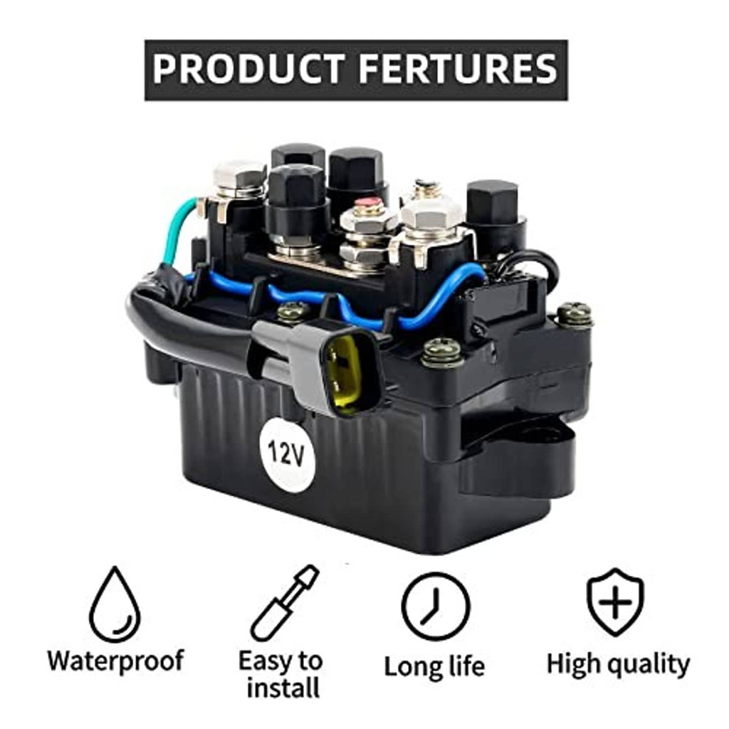 Outboard relay assembly featuring waterproof design icons, black housing and wiring