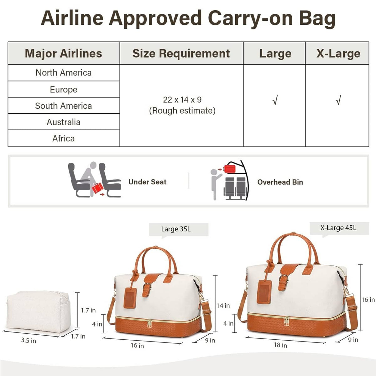 White carry-on duffel with brown base and handles; size view for large and extra-large.