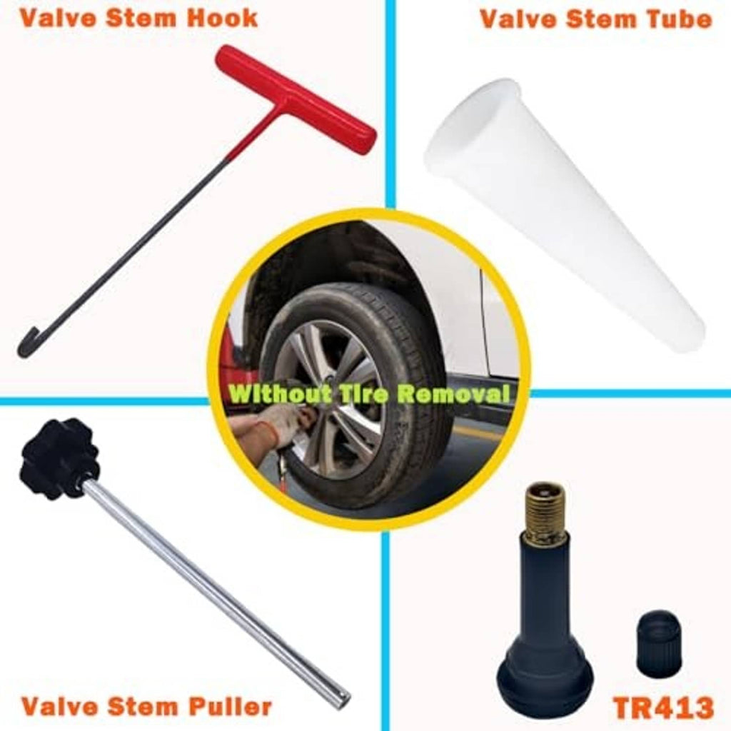 Tire valve stem hook and removal tube set, plus valve puller and spare core parts