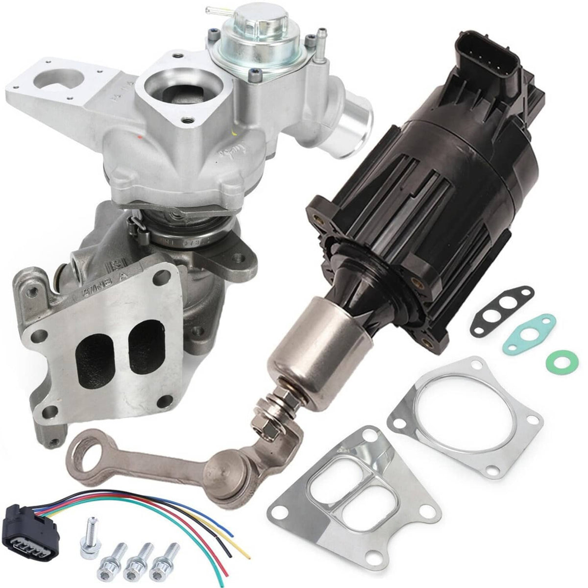 Turbocharger with actuator, silver compressor housing with black actuator housing.