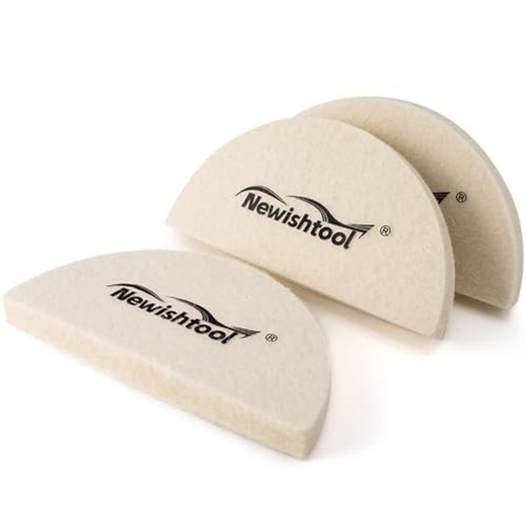 Beige wool felt squeegee pads with Newishtool logo, curved edges, set of three