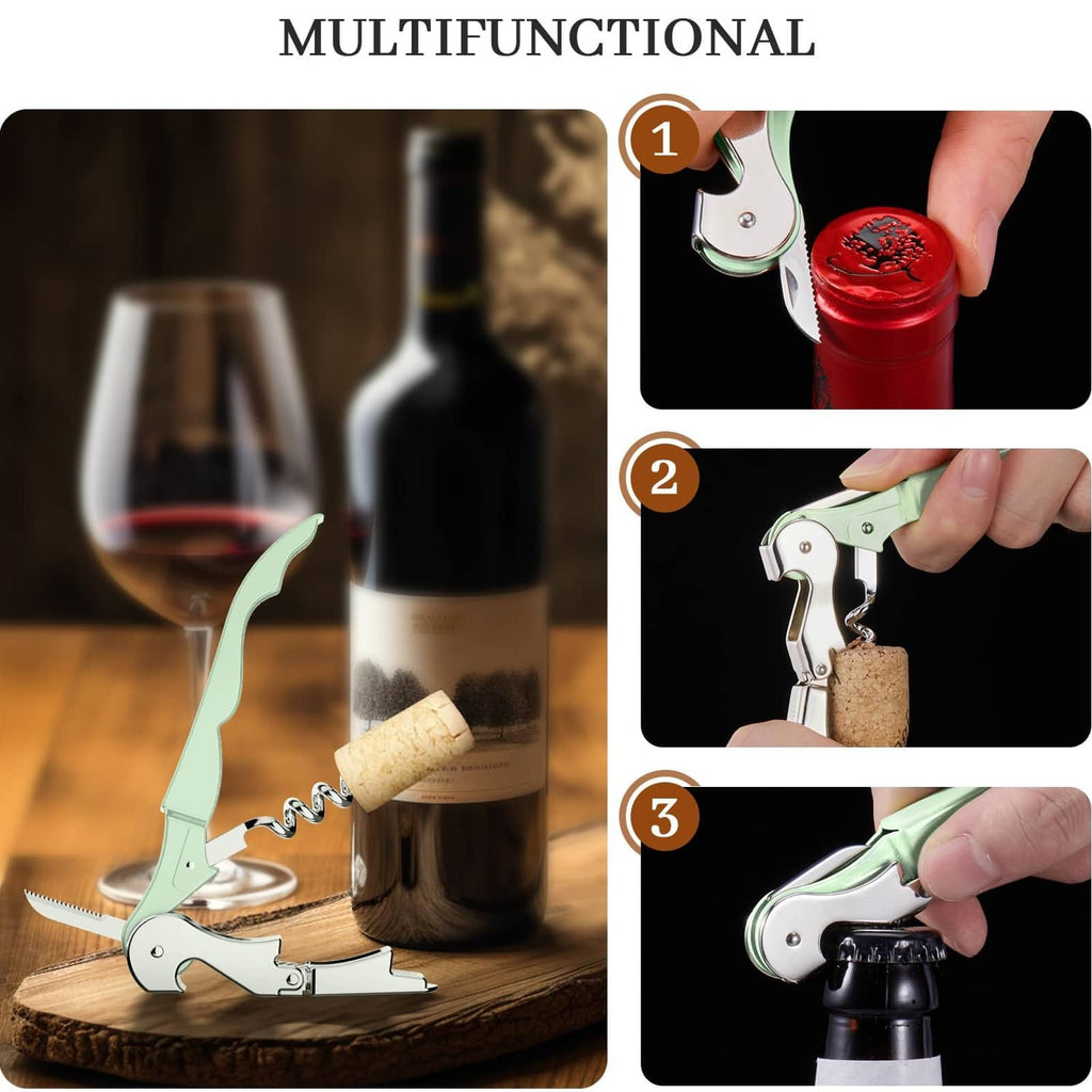 Multifunction wine opener showing corkscrew use with mint green handle