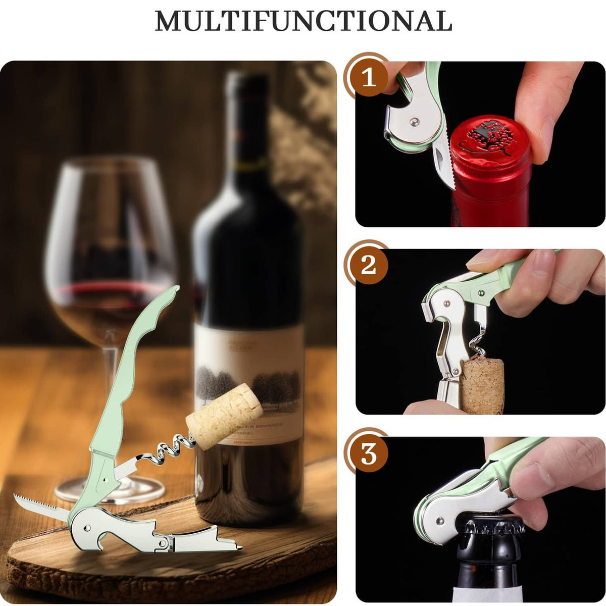 Multifunction wine opener showing corkscrew use with mint green handle