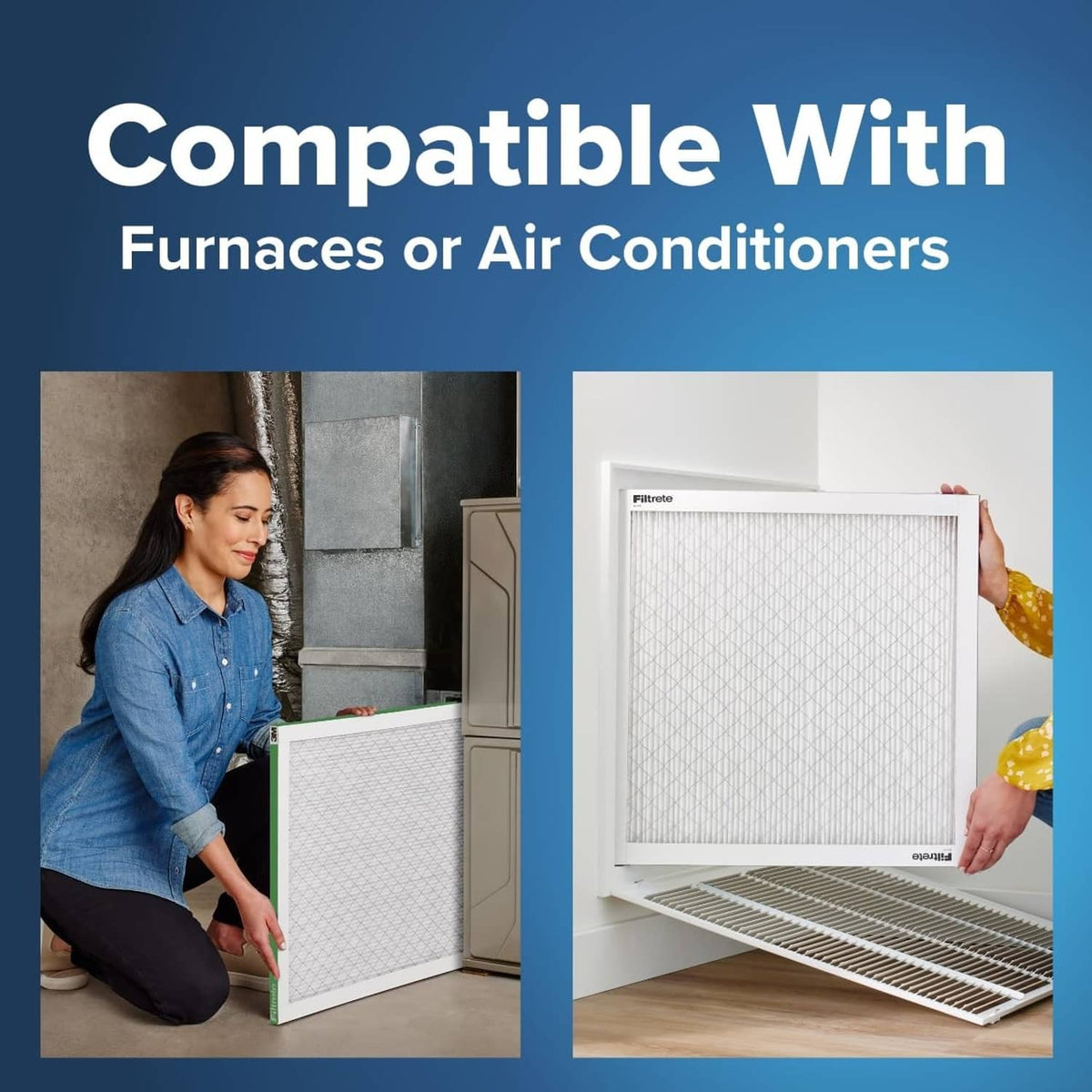 White pleated air filter held near furnace/air conditioner openings