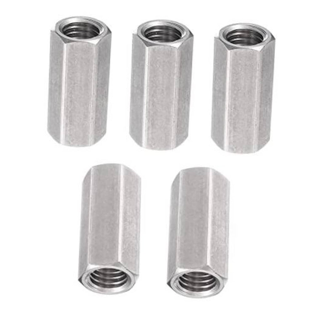 Pack of five silver hex coupling nuts with threaded internal bore