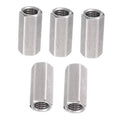 Pack of five silver hex coupling nuts with threaded internal bore